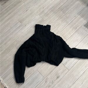 Black Cable Knit Turtleneck Sweater crop